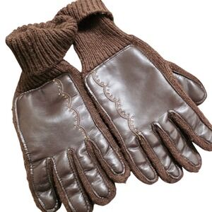 Vintage Brown Knit Leather Trim Gloves Women One Size Winter Warm Fashion
